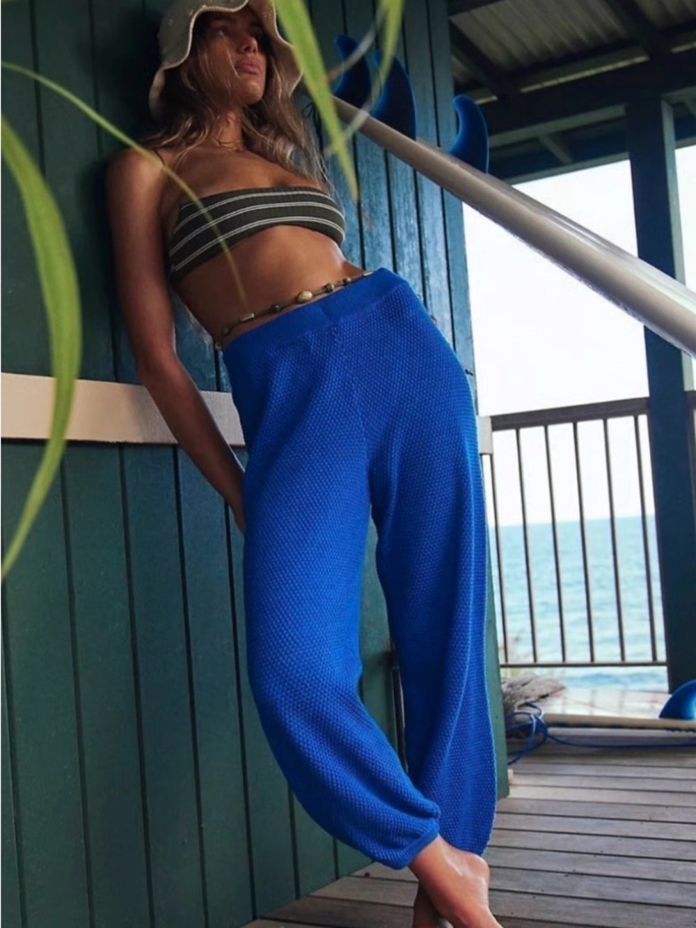 Free People Beach Hailee Waffle-Knit Blue Pants Large